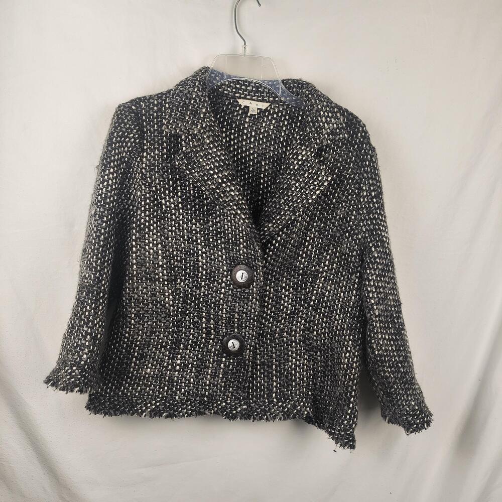 CAbi Blazer Womens Large Black White Tweed Fringe Hem Single Breasted Jacket